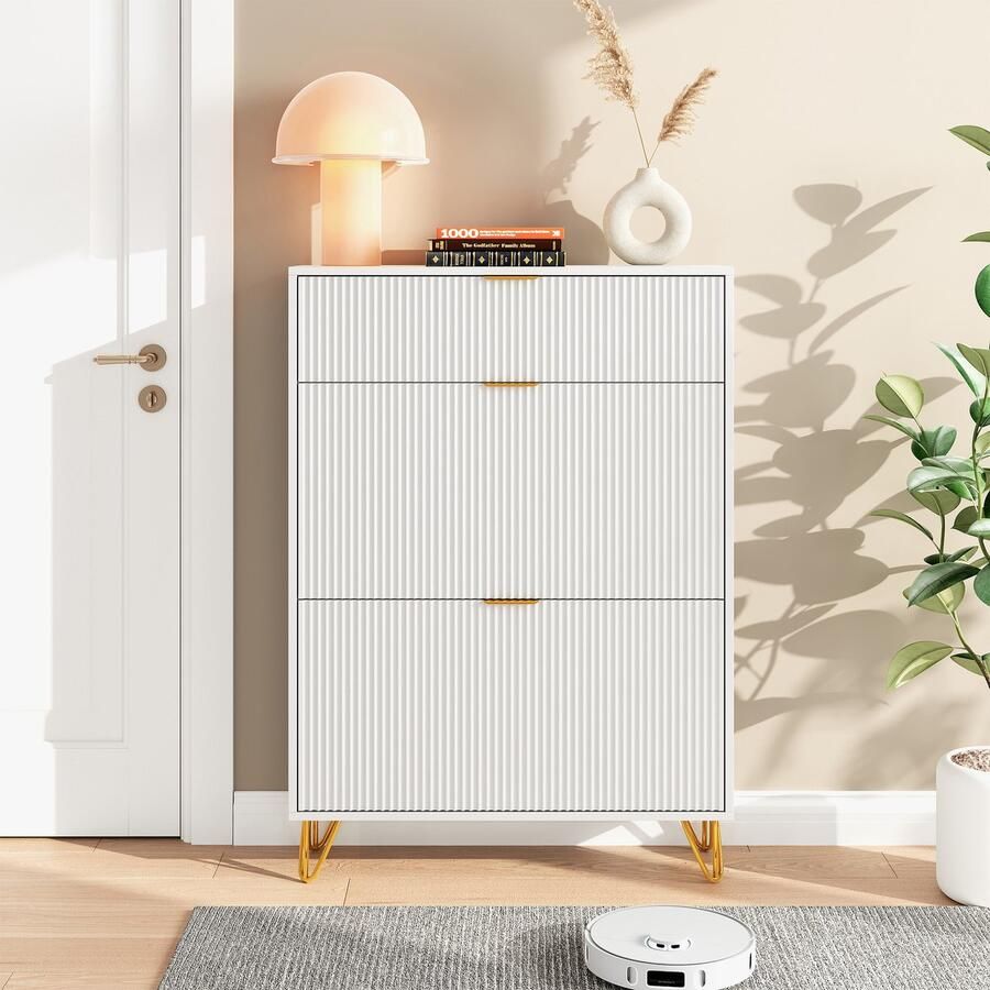 ROSAHQNDA Schoenenkast Veelzijdige opbergruimte vrijstaande organizer met 2 uitklapbare lades en 1 opbergvak 80x24x118 5cm smalle schoenenkast voor de entree met kantelbeveiliging Schoenenkast wit