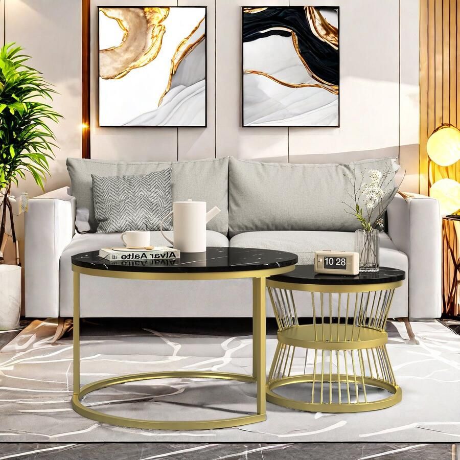 ROSAHQNDA Set van 2 bijzettafels moderne ronde salontafels met planken en opbergruimte bijzettafels voor banken meubels voor de woonkamer L 70 x 70 x 45 5 cm S 45 x 45 x 40 cm