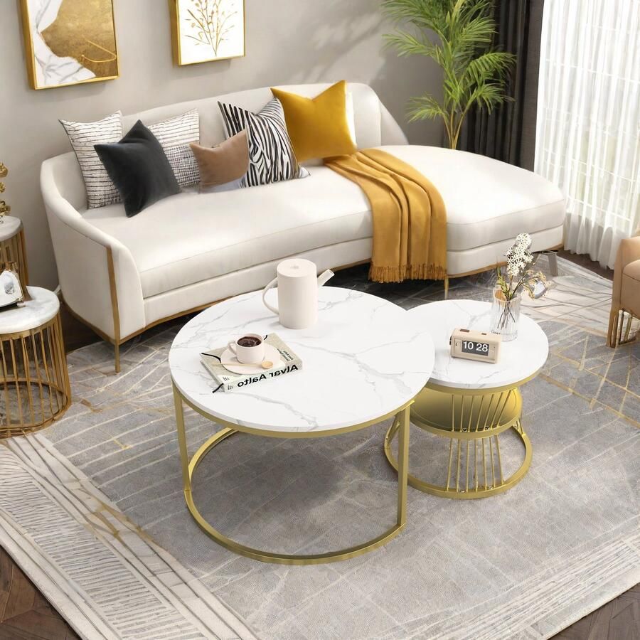 ROSAHQNDA Set van 2 bijzettafels moderne ronde salontafels met planken en opbergruimte bijzettafels voor banken meubels voor de woonkamer L 70 x 70 x 45 5 cm S 45 x 45 x 40 cm