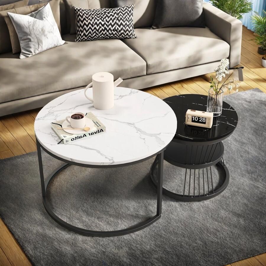 ROSAHQNDA Set van 2 bijzettafels moderne ronde salontafels met planken en opbergruimte bijzettafels voor banken meubels voor de woonkamer L 70 x 70 x 45 5 cm S 45 x 45 x 40 cm