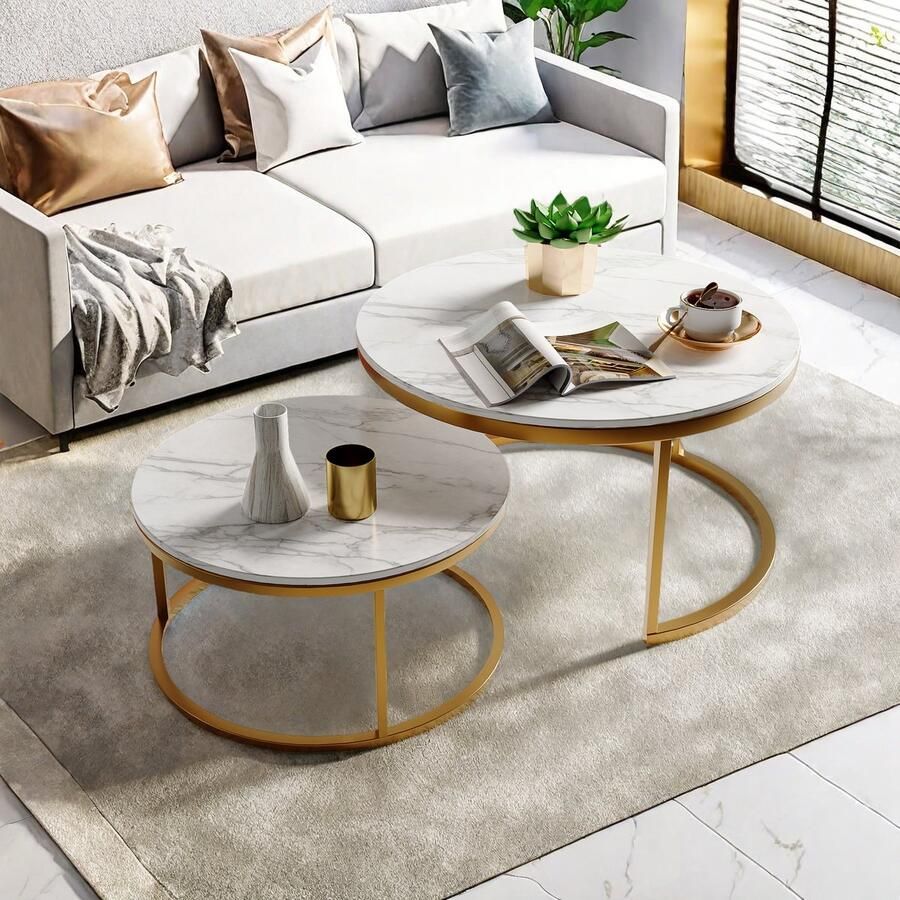 ROSAHQNDA Set van 2 moderne ronde salontafels stapelbaar eigentijds meubel voor de woonkamer wit blad goud of zwart frame grote tafel 80 x 80 x 45 cm kleine tafel 60 x 60 x 33 cm