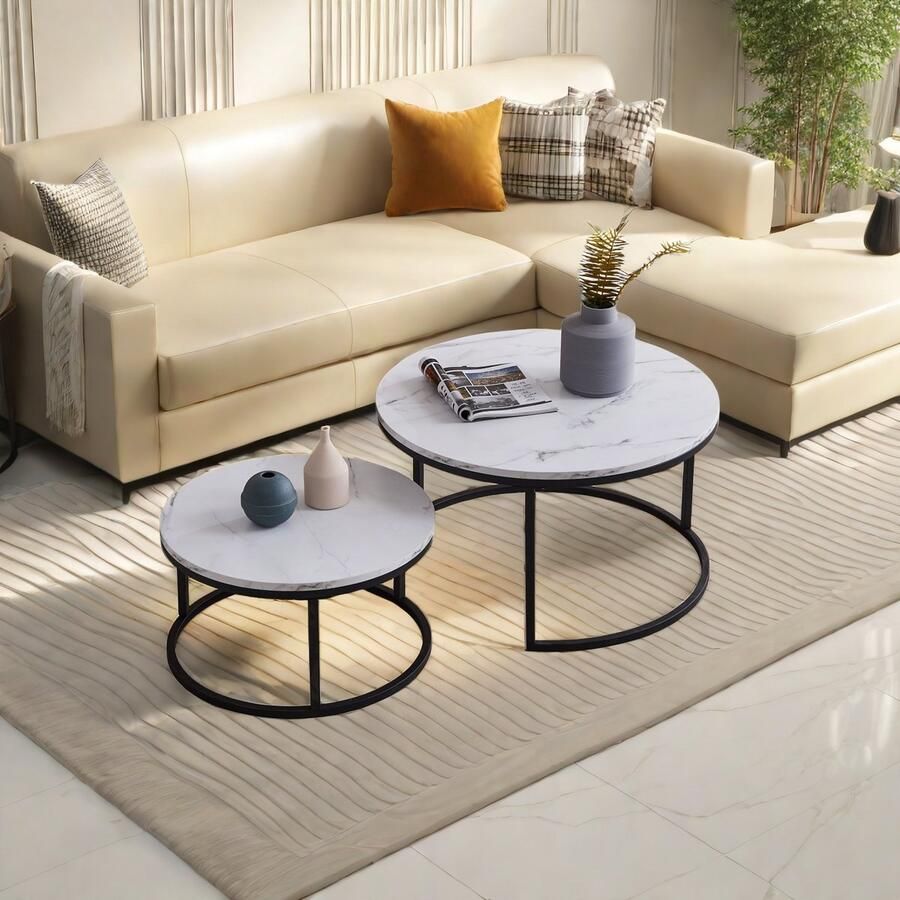 ROSAHQNDA Set van 2 moderne ronde salontafels stapelbaar eigentijds meubel voor de woonkamer wit blad goud of zwart frame grote tafel 80 x 80 x 45 cm kleine tafel 60 x 60 x 33 cm