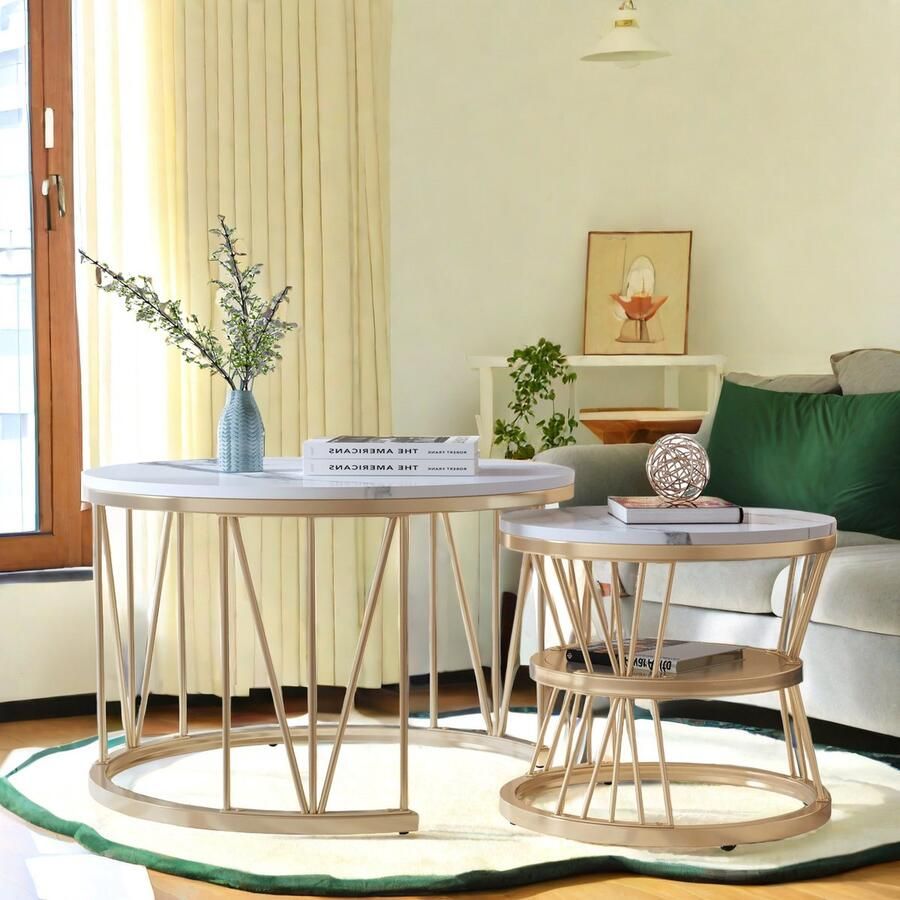 ROSAHQNDA Set van 2 moderne ronde salontafels stijlvolle bijzettafels met opbergruimte V-vormig onderstel modern meubel voor de woonkamer L 70 x 70 x 44 5 cm S 45 x 45 x 36 5 cm