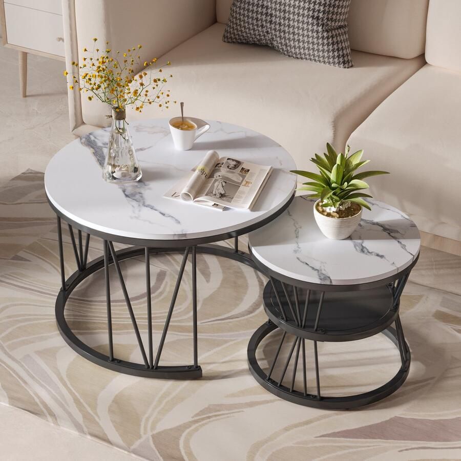 ROSAHQNDA Set van 2 moderne ronde salontafels stijlvolle bijzettafels met opbergruimte V-vormig onderstel modern meubel voor de woonkamer L 70 x 70 x 44 5 cm S 45 x 45 x 36 5 cm