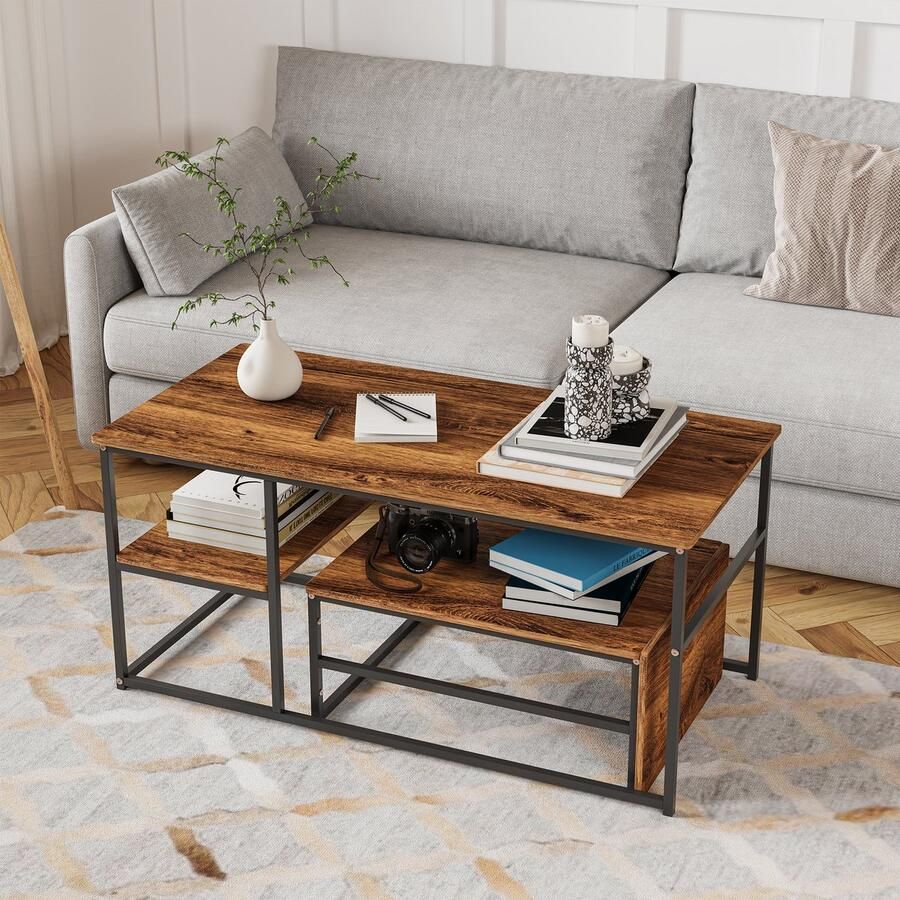 ROSAHQNDA Set van 2 moderne salontafels stijlvolle bijzettafels met 2-laagse opbergruimte rechthoekig met metalen frame Moderne meubels voor de woonkamer