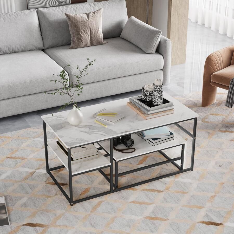 ROSAHQNDA Set van 2 moderne salontafels stijlvolle bijzettafels met 2-laagse opbergruimte rechthoekig met metalen frame Moderne meubels voor de woonkamer