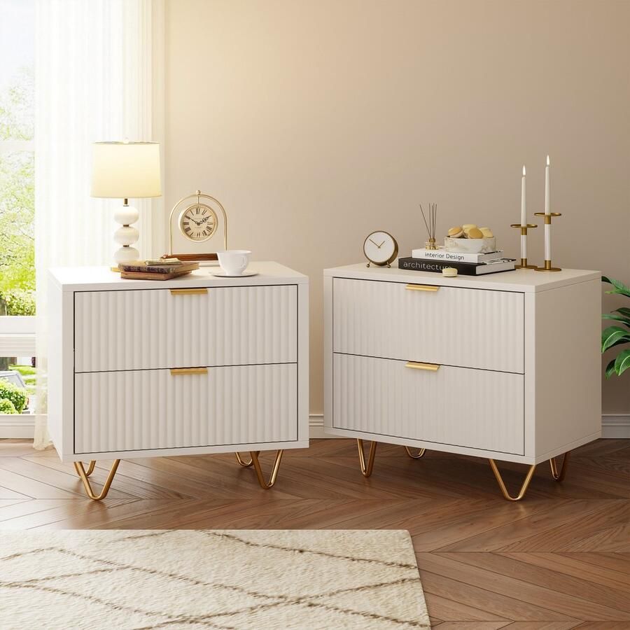 ROSAHQNDA Set van 2 nachtkastjes houten nachtkastje 2 lades boho nachtkastje voor slaapkamer woonkamer waterdicht bureaublad 40x40x55cm wit