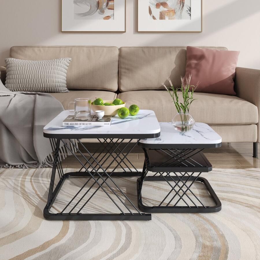 ROSAHQNDA Set van 2 salontafels 60*45cm 45*38cm tafel met wit blad en gouden pootondersteuning ingebedde vierkante salontafel aan de zijkant van de bank zwart metalen frame