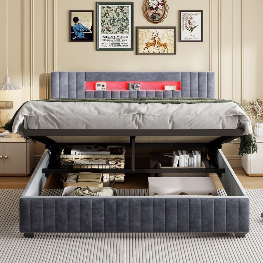 ROSAHQNDA Tweepersoonsbed 140x200 opbergbed modern gestoffeerd bed met ledverlichting tweepersoonsbed grijs fluwelen bedframe met houten lattenbodem zonder matras (gesplitst voor 2 personen inclusief verzending)