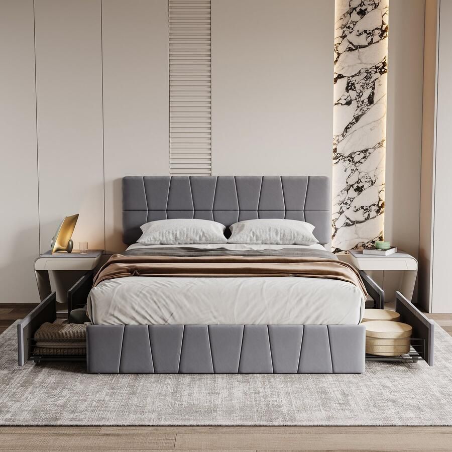 ROSAHQNDA Tweepersoonsbed 160 x 200 cm gestoffeerd bed met opbergruimte 4 lades volwassen tienerbed lattenbodem slaapkamermeubilair fluweel grijs zonder matras (verzonden in 2 pakketten)