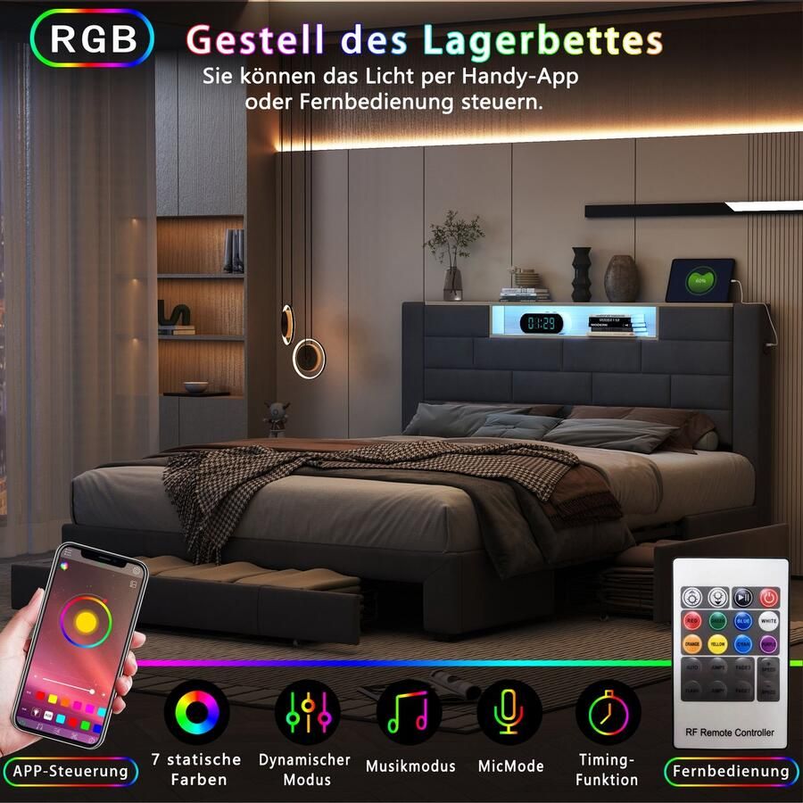 ROSAHQNDA Tweepersoonsbed 160x200cm Modern gestoffeerd bed met LED-verlichting en USB-oplader slaapkamerbed met 3 lades zonder matras grijs fluweel (splitsen voor 2 pakketten voor verzending)