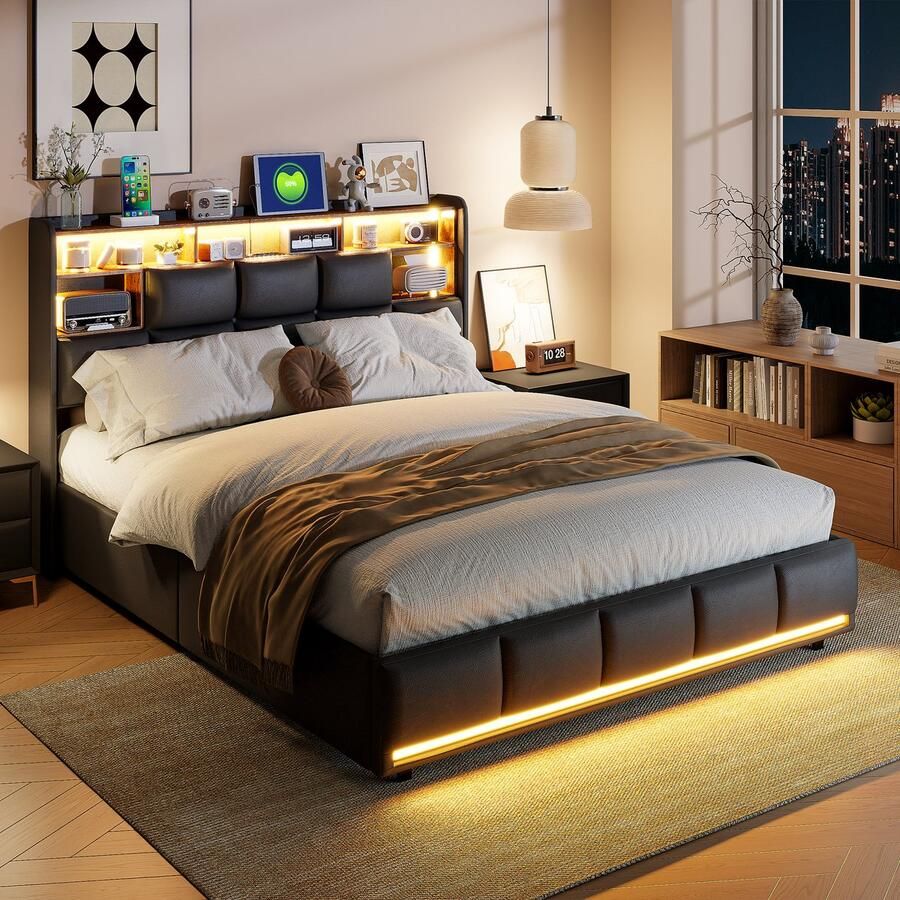 SHOPENTRA Modern zwart PU bed 140x200 cm – LED-verlichting aan hoofdbord & voeteneinde USB-oplaadpunt opbergruimte – stijlvol tweepersoonsbed - Foto 2