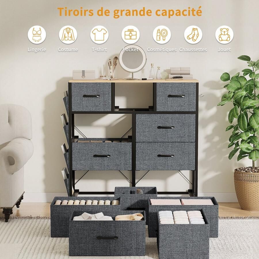 ROSAHQNDA Verticale ladekast met 9 lades voor slaapkamer kantoor wasruimte hal kinderkamer stalen frame MDF-houten blad stoffen lades grijze stof 98 8 x 30 x 100 cm
