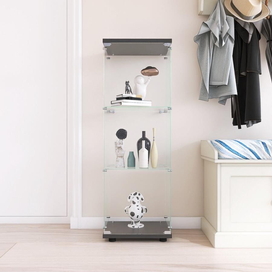 ROSAHQNDA Vitrinekast 125 5 cm glazen vitrinekast 3 lagen met 1 deur en slot moderne glazen verzamelkast staande glazen opbergkast voor woonkamer slaapkamer kantoor zwart