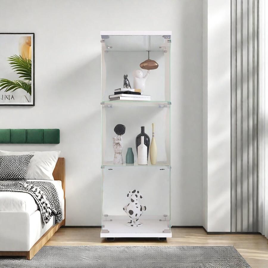 ROSAHQNDA Vitrinekast 125 5 cm glazen vitrinekast 3 lagen met 1 deur en slot moderne glazen verzamelkast staande glazen opbergkast voor woonkamer slaapkamer kantoor wit