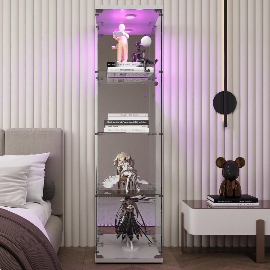 ROSAHQNDA Vitrinekast met LED 164 cm moderne vitrinekast met 4 ESG-glasplanken zonder wielen collectievitrinekast voor bar woonkamer 164 x 42 5 x 36 5 cm wit