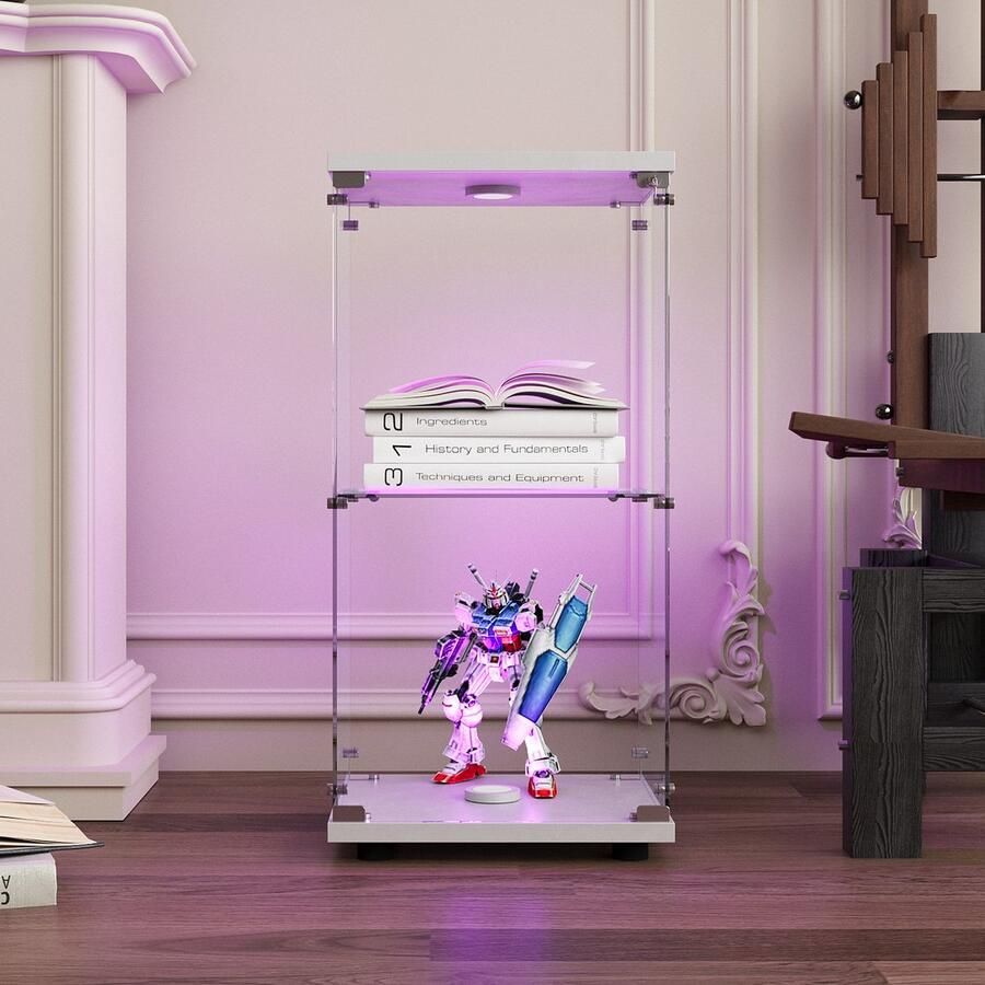 ROSAHQNDA Vitrinekast met LED-verlichting 86 2 cm glazen vitrinekast 2 lagen met 1 deur en slot moderne glazen verzamelkast staande glazen opbergkast voor woonkamer slaapkamer kantoor wit