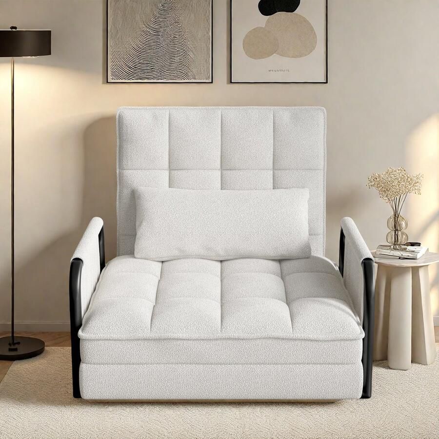 ROSAHQNDA Vloerstoel 2-in-1 opvouwbare bankstoel met slaapfunctie en 5 niveaus verstelbare rugleuning gastenbank loungebank gewatteerde bank voor woonkamer slaapkamer lounge balkon Wit