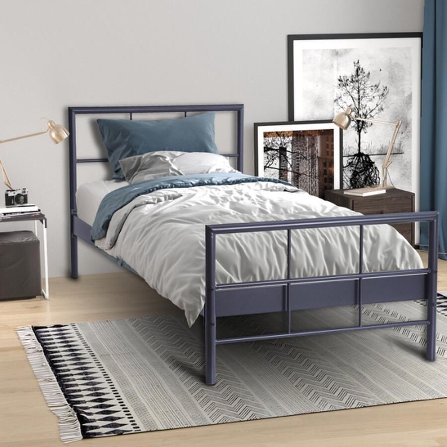 Rousseau EMOB Eenpersoonsbed Davy 90 x 200 cm Metalen frame donkergrijs Metalen eenpersoonsbedden Grijs Metaal Metalen eenpersoonsbedden Eenpersoons Normaal bed Op voorraad