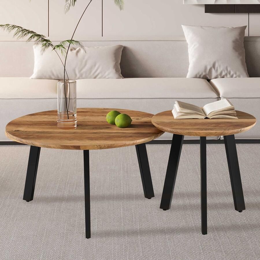 Rousseau EMOB Salontafelset Aziz Ø50x50cm & Ø80x45cm mangohout zwart 2-delige salontafelsets Bruin MDF; Metaal 2-delige salontafelsets Op voorraad