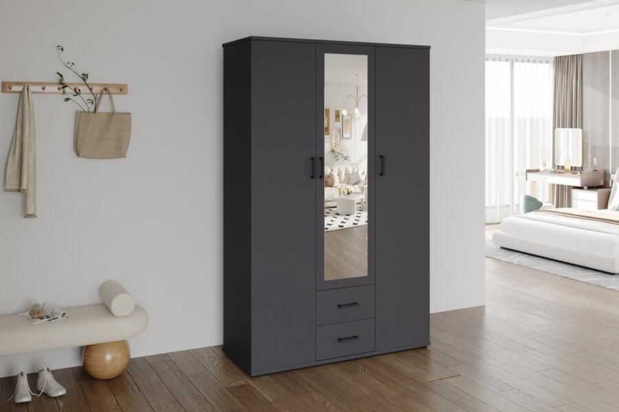 Rousseau Kledingkast 'Marc' 3 deuren met spiegel Donkergrijs + 2 lades