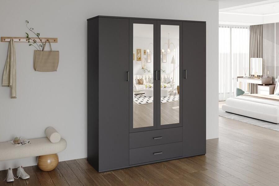 Rousseau Kledingkast 'Marc' 4 deuren met 2 spiegels Donkergrijs + 2 lades