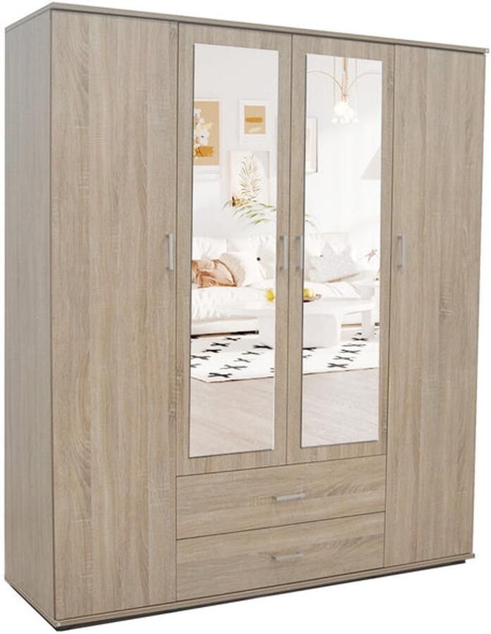 Rousseau Kledingkast Marc met spiegel 4 deuren & 2 lades Sonoma eik