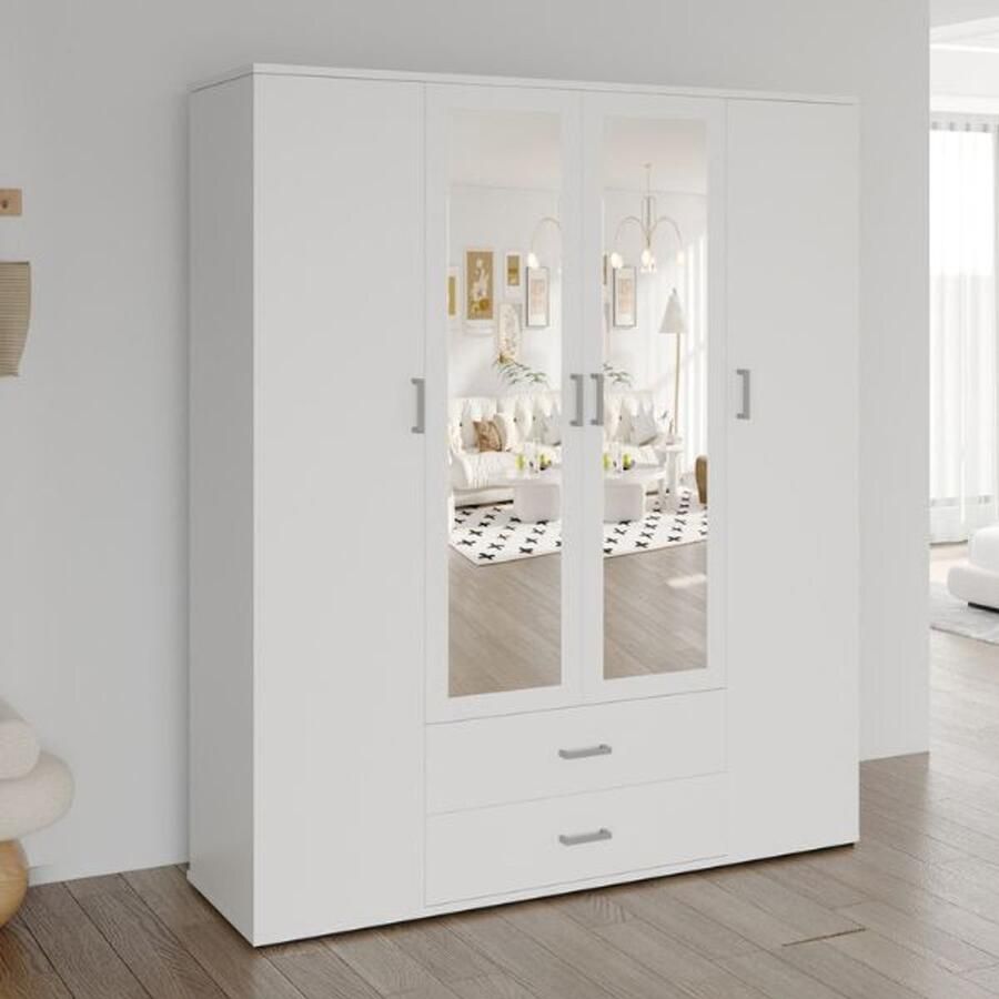 Rousseau Kledingkast 'Marc' 4 deuren met 2 spiegels Wit 160cm breed