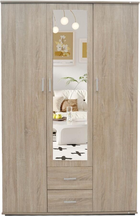 Rousseau Kledingkast Marc met spiegel 3 deuren & 2 lades Sonoma eik - Foto 3