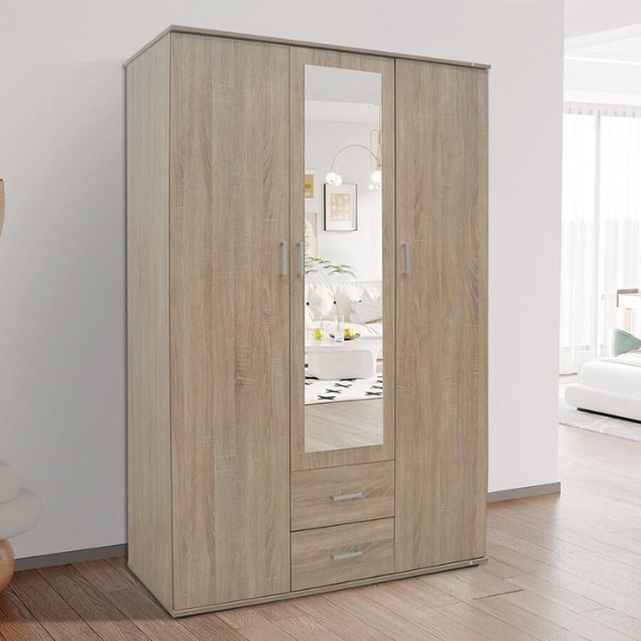 Rousseau Kledingkast Marc met spiegel 3 deuren & 2 lades Sonoma eik