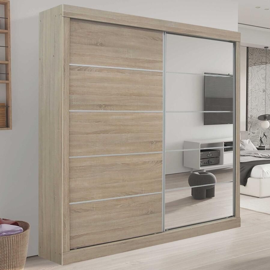 Rousseau Schuifdeurkast 'Mike' met spiegeldeur- Sonoma afwerking H197 5 x B182 5 x D52 5 cm