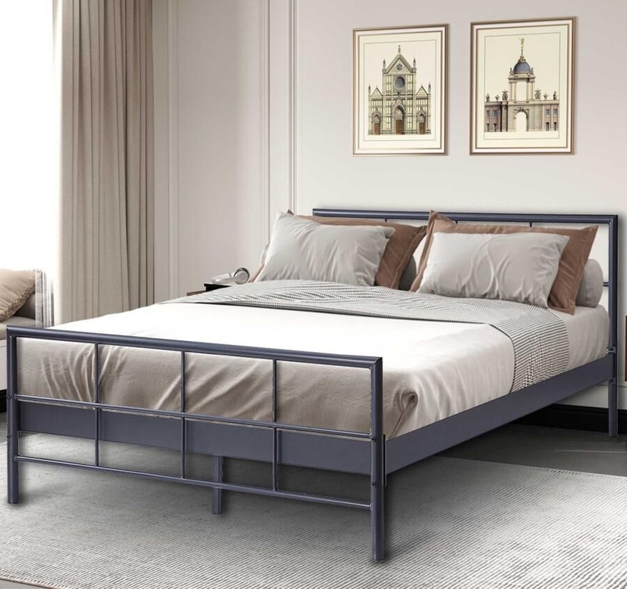 Rousseau EMOB Metalen bed Davy 140x200cm Grijs Metalen tweepersoonsbedden Grijs Metaal Metalen tweepersoonsbedden Tweepersoons Normaal bed Op voorraad