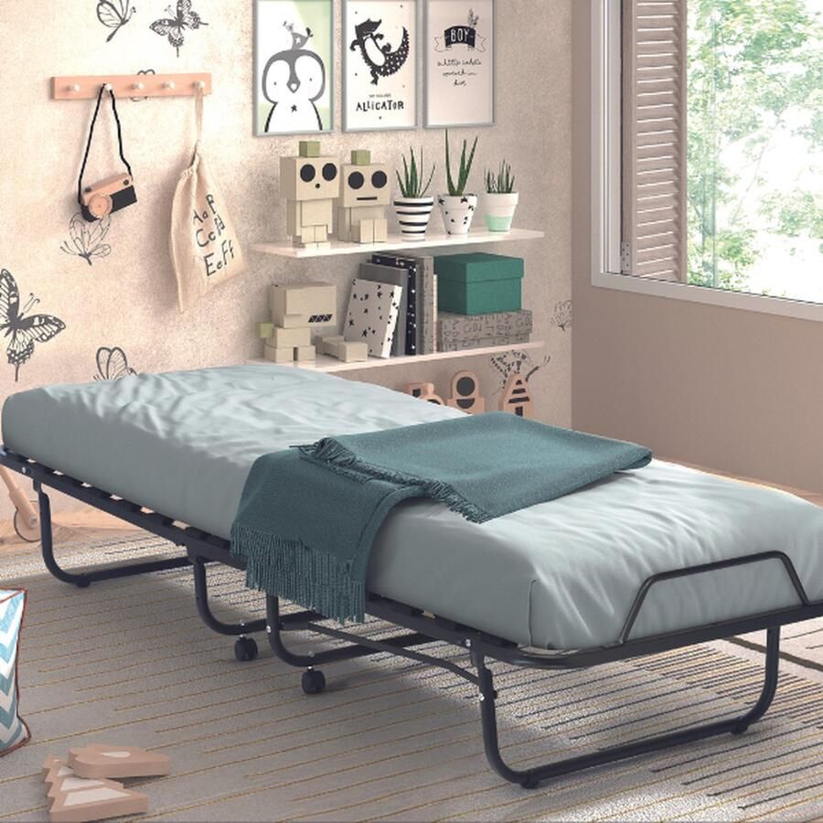 Rousseau EMOB Plooibed Xenia 90x200 cm inclusief matras zwart Metalen eenpersoonsbedden Zwart Schuim; Metaal Metalen eenpersoonsbedden Eenpersoons Opklapbed Op voorraad