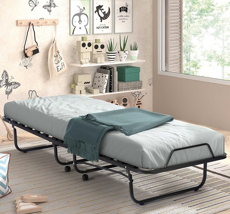 Rousseau EMOB Plooibed Xenia 90x200 cm inclusief matras zwart Metalen eenpersoonsbedden Zwart Schuim; Metaal Metalen eenpersoonsbedden Eenpersoons Opklapbed Op voorraad - Foto 2