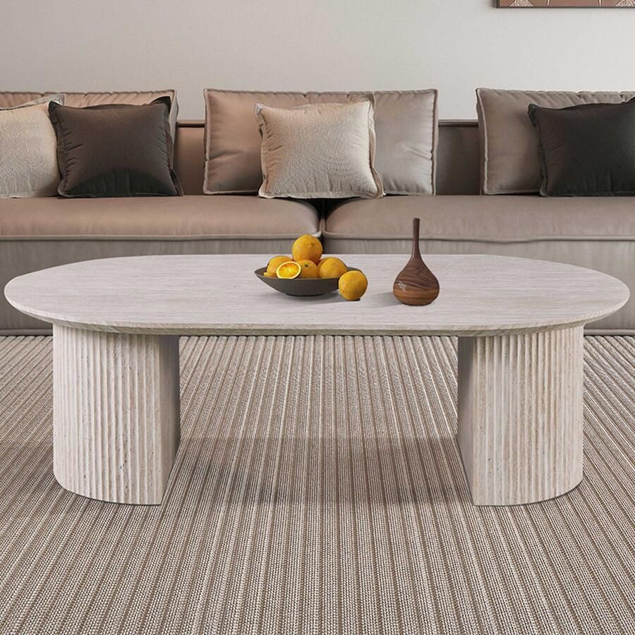 Rousseau EMOB Salontafel Lagos 120x70x38cm travertin Ovale salontafels Beige MDF Ovale salontafels Op voorraad