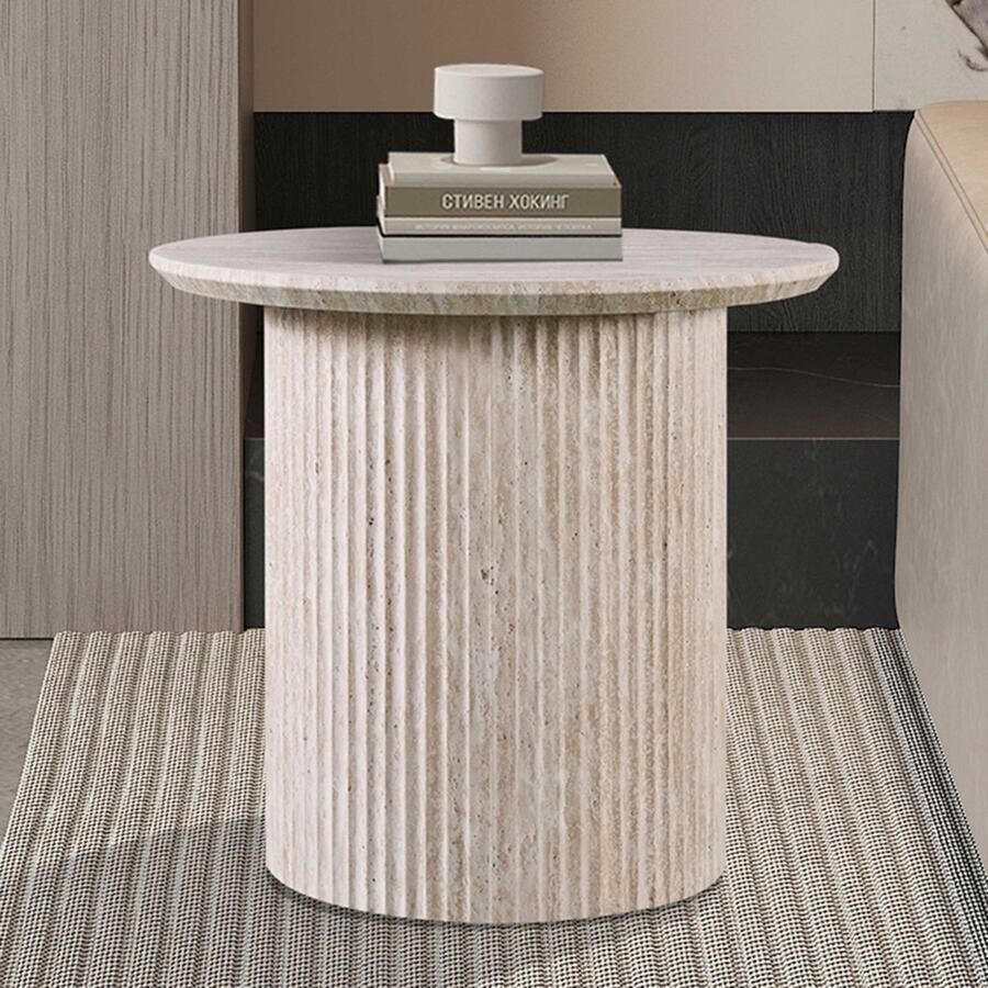 Rousseau EMOB Salontafel Lagos Ø50x46cm travertin Hoektafels Beige MDF Hoektafels Op voorraad