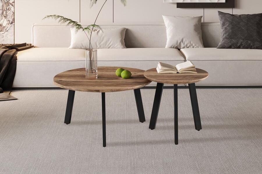 Rousseau EMOB Salontafelset Aziz Ø50x50cm & Ø80x45cm mangohout zwart 2-delige salontafelsets Bruin MDF; Metaal 2-delige salontafelsets Op voorraad