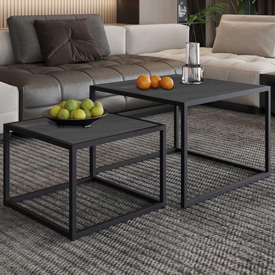 Rousseau Set van 2 salontafels Fabray industrieel-zwart magnoliahout