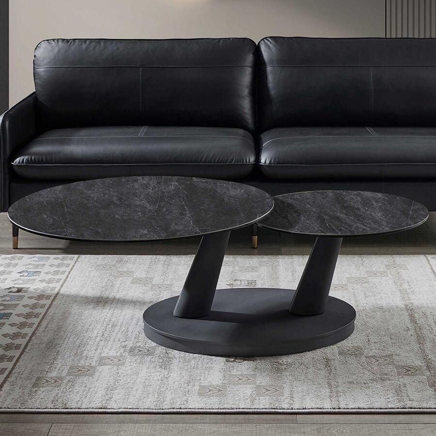 Rousseau EMOB Salontafel Sapporo Ø80x45cm draaibaar metaal en steen zwart marmer Ronde salontafels Zwart Steen; Metaal Ronde salontafels Op voorraad