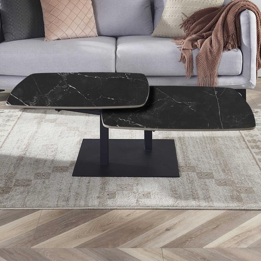 Rousseau EMOB Salontafel Sendai 70-120 x 70 x 35 cm draaibaar metaal en steen zwart marmer Vierkante salontafels Zwart Steen; Metaal Vierkante salontafels Op voorraad