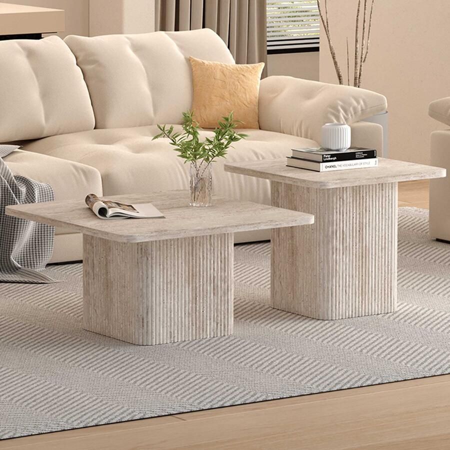 Rousseau Set van 2 Salontafels 'Bobby' Decor travertin Beige