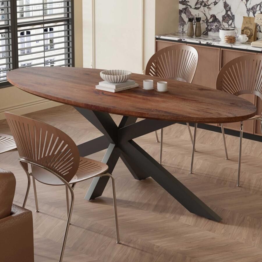 Rousseau Tafel 'Tommy' 220x100 cm Ovaal Spider-Poot Mango Hout Bruin