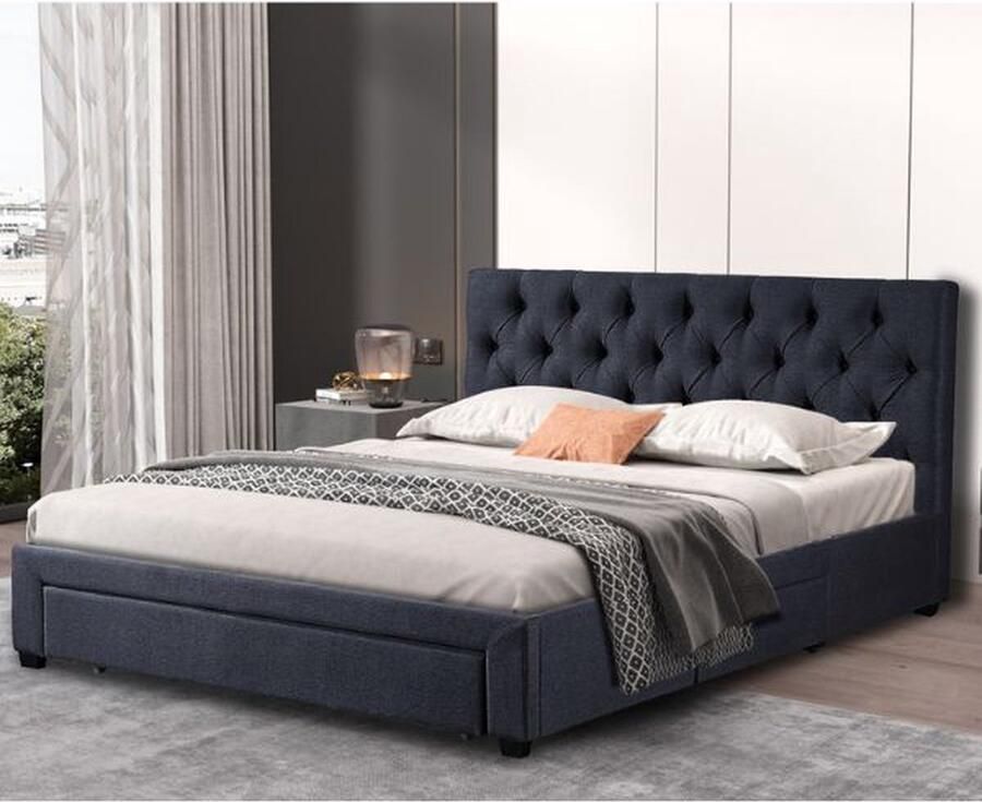 Rousseau EMOB Tweepersoonsbed Siena 160x200 met lattenbodem en opbergruimte antraciet Gestoffeerde tweepersoonsbedden Antraciet Stof; MDF; Spaanplaat Gestoffeerde tweepersoonsbedden Tweepersoons Normaal bed Op voorraad