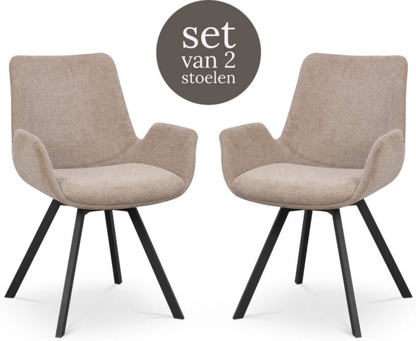 Rowico Home Norwell Eetkamerstoel Draaibaar Beige Met Armleuning Stof Zwart Metalen Poten Set van 2 Eetkamerstoelen