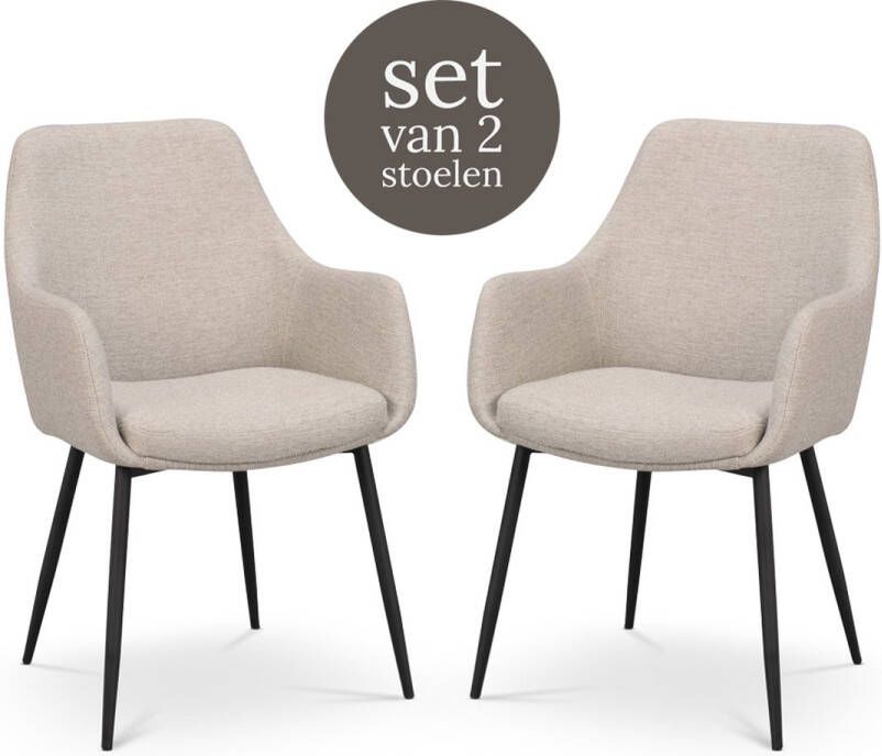 Rowico Home Reily Eetkamerstoel Beige Met Armleuning Stof Zwarte Poten Armstoel Set van 2 Eetkamerstoelen