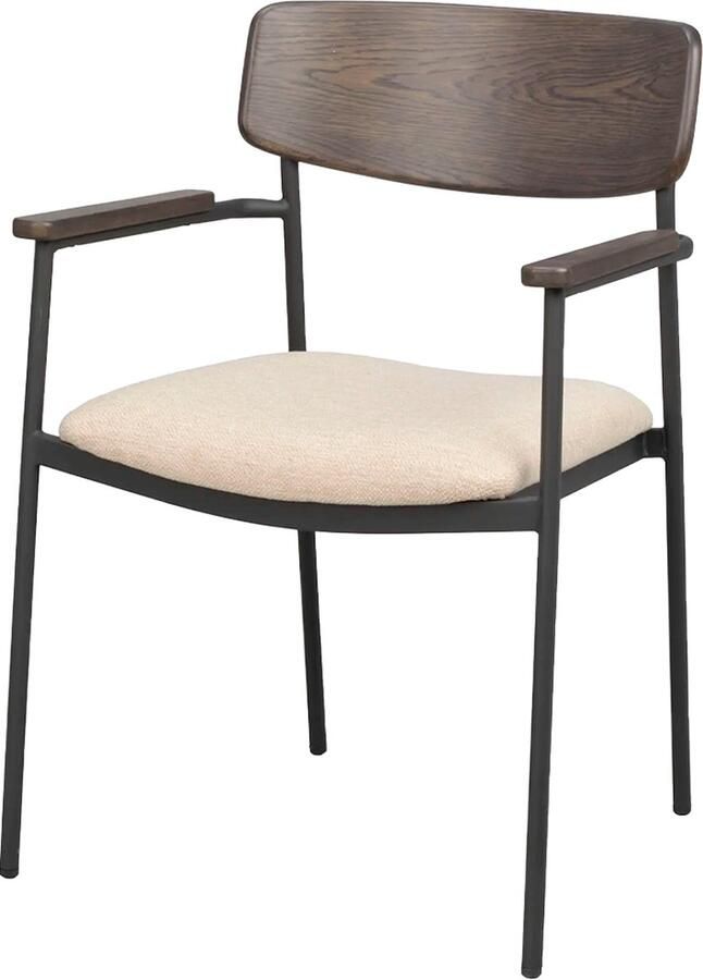 Rowico Home Maymont Eetkamerstoel Donkerbruin met Armleuning Beige Stoffen Zitvlak Eikenhout Zwarte Metalen Poten Stapelbaar Japandi Scandinavisch