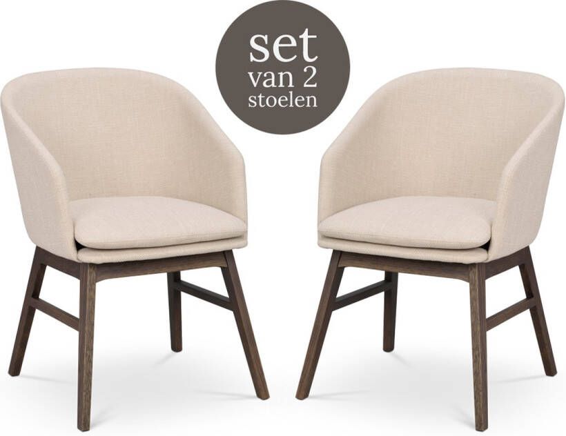 Rowico Home Windham Eetkamerstoel Beige Donker Eiken Onderstel Met Armleuning Stof Houten Poten Set van 2 Eetkamerstoelen