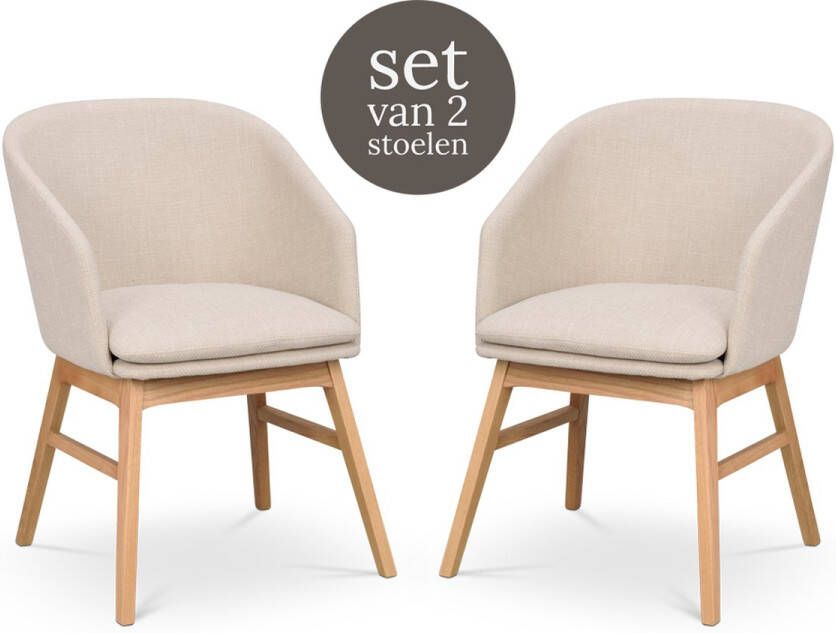 Rowico Home Windham Eetkamerstoel Beige Naturel Eiken Onderstel Met Armleuning Stof Houten Poten Set van 2 Eetkamerstoelen