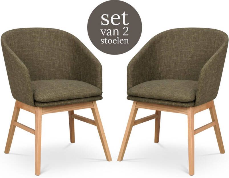 Rowico Home Windham Eetkamerstoel Groen Naturel Eiken Onderstel Met Armleuning Stof Houten Poten Set van 2 Eetkamerstoelen