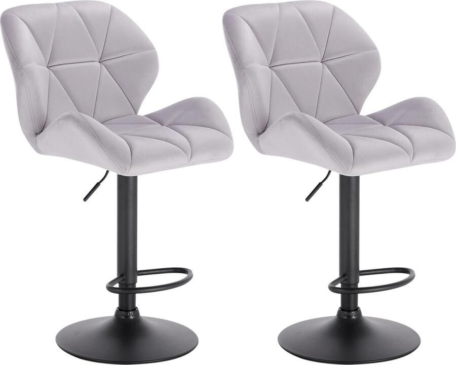 Roxana Stoelen Set van 2 Verstelbare Hoogte 60-82 Cm Krukken Licht Grijs Keukeneiland Velvet Fluweel Met Voetondersteuning Draaibaar RVS Rugleuning